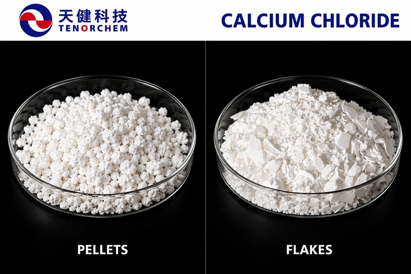 TENORCHEM anhydrous calcium chloride pellets and dihydrate flakes displayed side by side in glass dishes on a black background