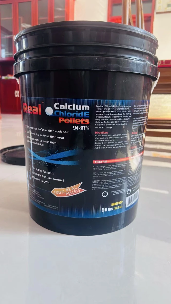 Private-label calcium chloride pellets in a printed plastic pail