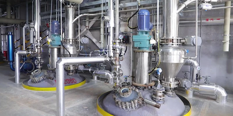 Production vessels and pipework inside the TENORCHEM factory in Shandong, China