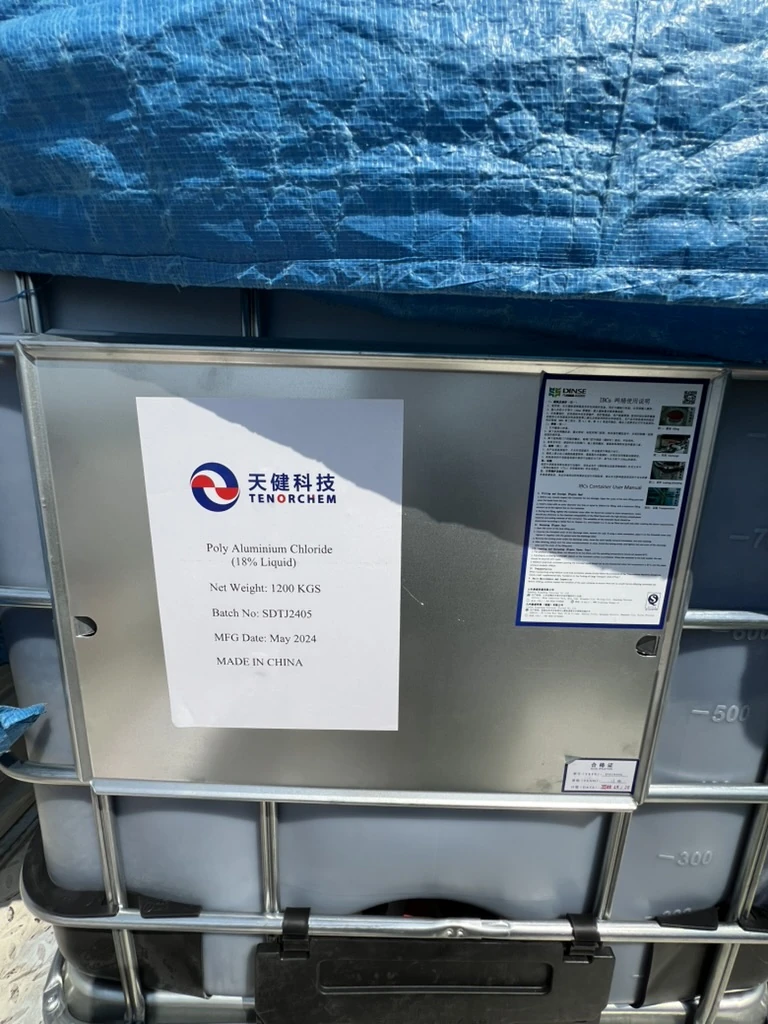TENORCHEM liquid PAC IBC with a historical label showing 18% liquid and 1,200 kg net weight