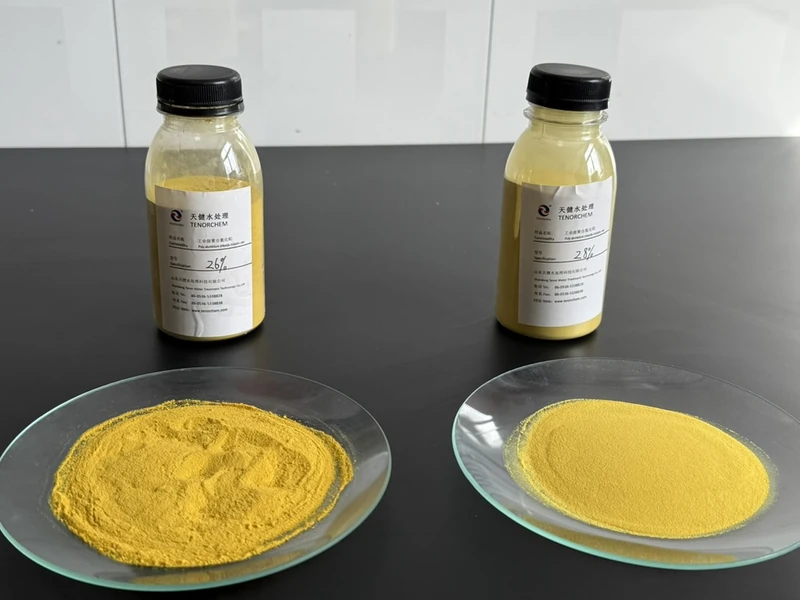 Industrial PAC powder samples in glass dishes at TENORCHEM