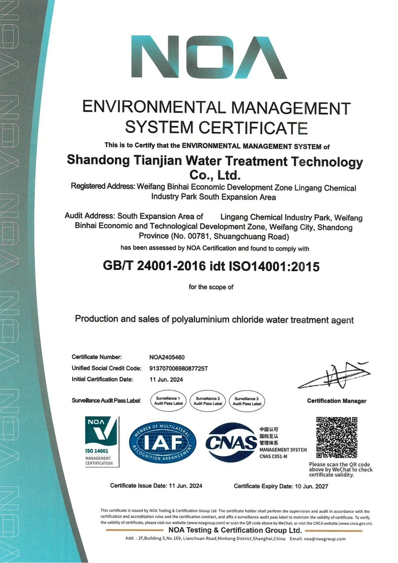 ISO 14001:2015 certificate for Shandong Tenor Water Treatment Technology Co., Ltd.