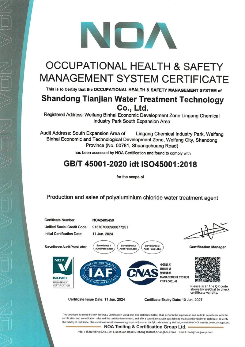 ISO 45001:2018 certificate for Shandong Tenor Water Treatment Technology Co., Ltd.