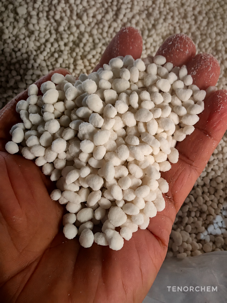 White granular deicing salt supplied by TENORCHEM, shown in a close-up product photograph