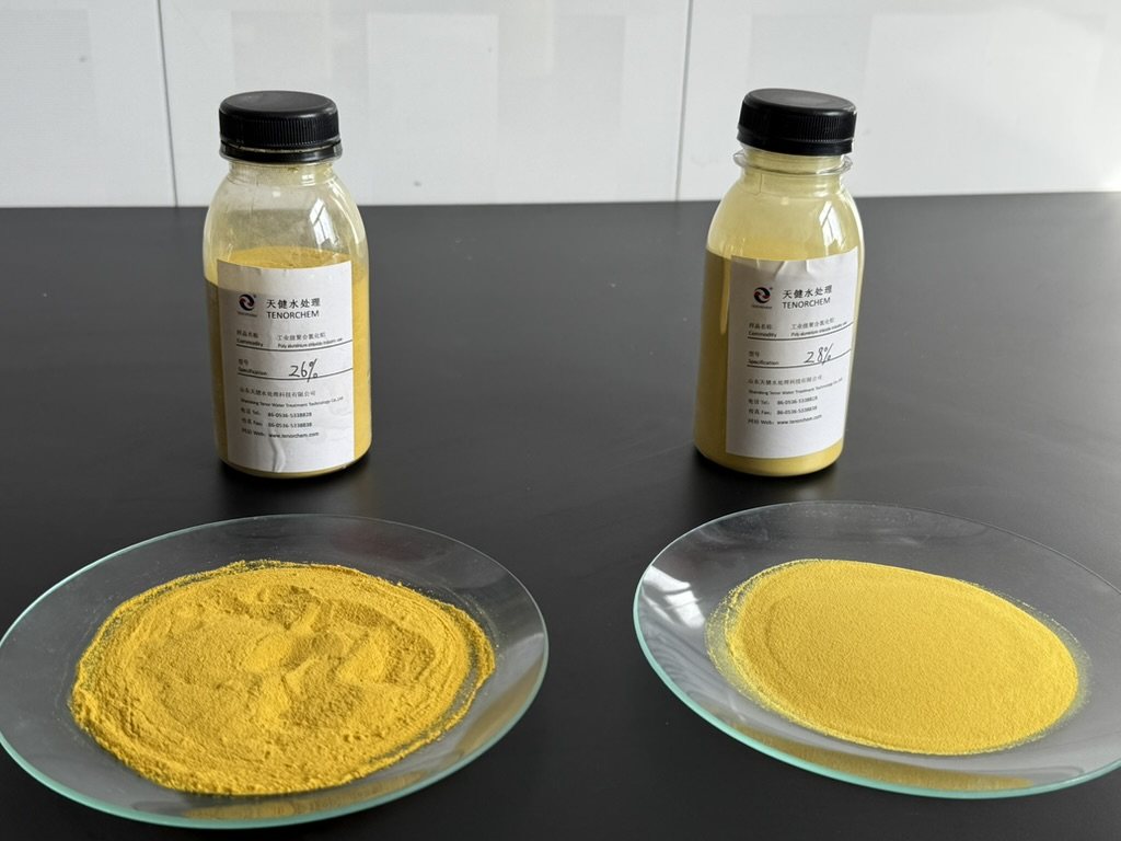TENORCHEM industrial PAC samples labelled 26% and 28%, with yellow powder in glass dishes