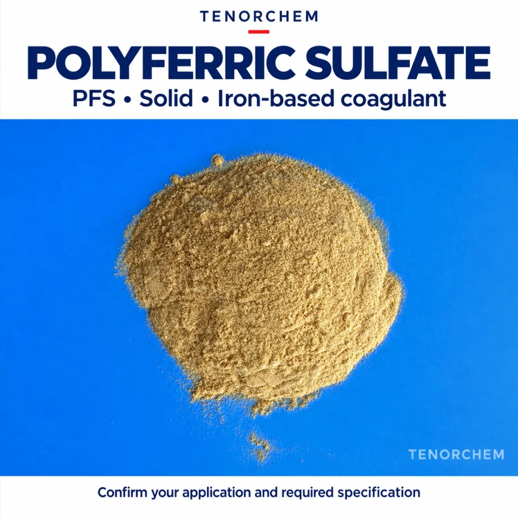 TENORCHEM polyferric sulfate (PFS) product graphic with golden-brown powder on a blue background